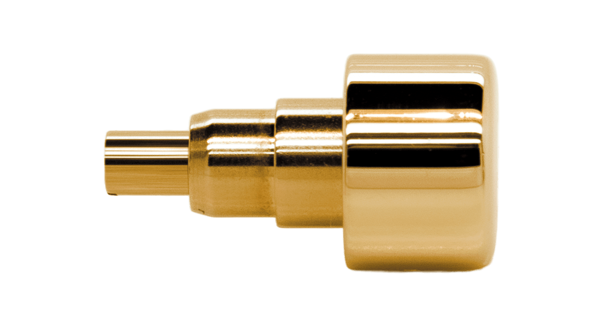 Watertight pusher for chronographs press fit, head Ø 5,0 mm, tube Ø 2,4 mm, spring travel 1,5 mm, gold plated ( 1 micron )