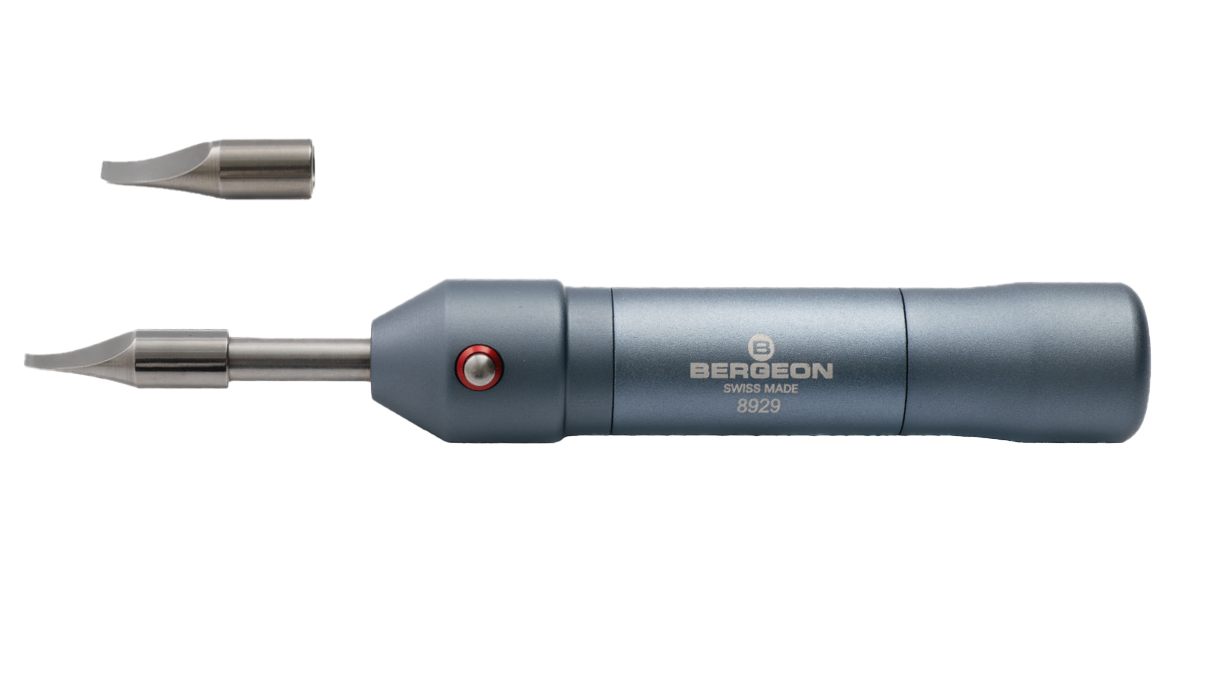 Bergeon 8929 Sprengdeckelöffner mit Hammerauslösung inklusive 2 verschiedener Einsätze (3,00 und
4,50 mm) und regulierbarer Druckstärke