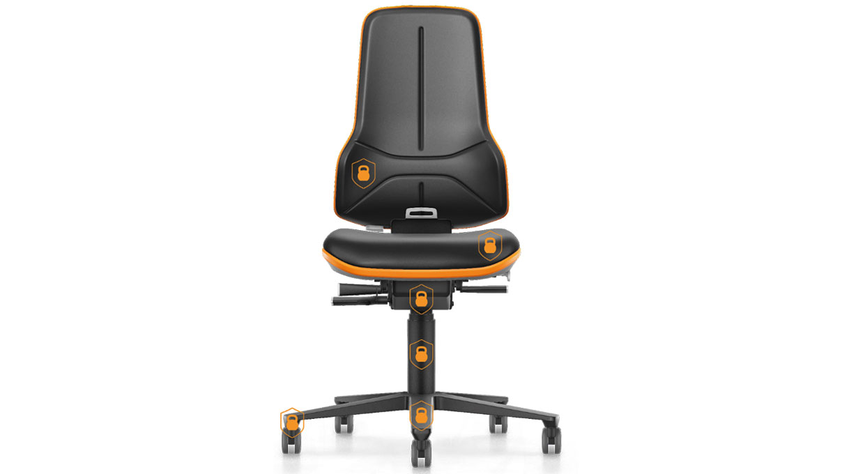 Bimos Neon XXL Schwerlast-Arbeitsstuhl 9575, Sitzhöhe 47 - 64 cm, Synchrontechnik, Gestell Schwarz,
Flexband orange, weiche Rollen für harte Böden, ohne Polsterelement