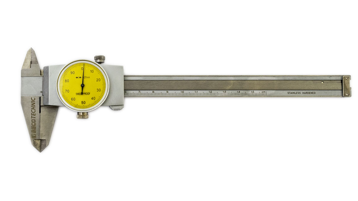 Schieblehre mit Feststellschraube, Edelstahl, Messbereich 150 mm, Uhranzeige 0,01 mm