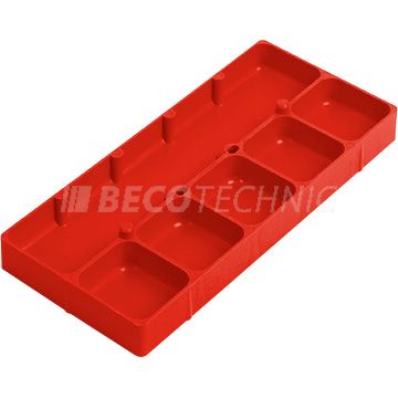 Plastic bak, stapelbaar, 6 vakjes, rood, 236 x 105 x 17 mm