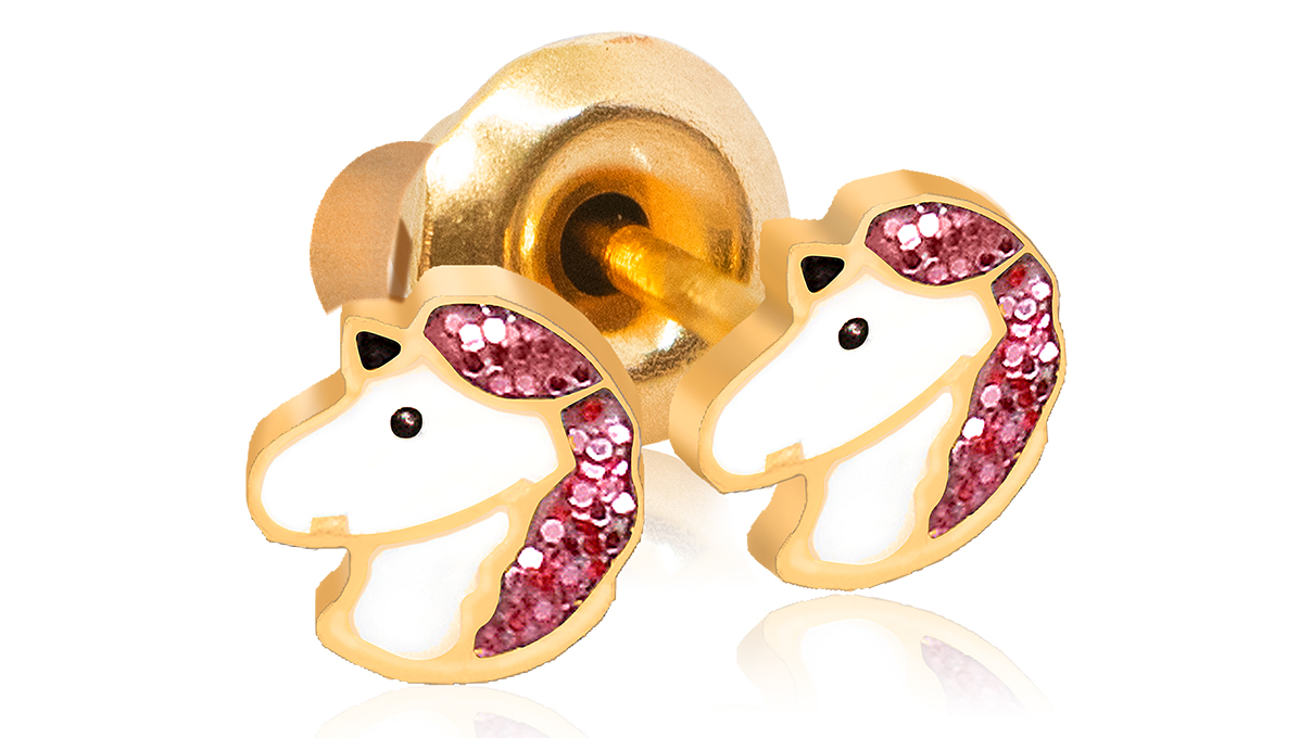 QPP oorstekers A126, Unicorn emaille rose, geelgoudverguld, 1 paar