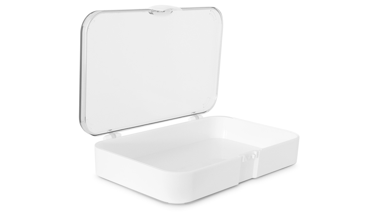 Storage box without inserts, white plastic, transparent lid, 35 x 190 x 110 mm