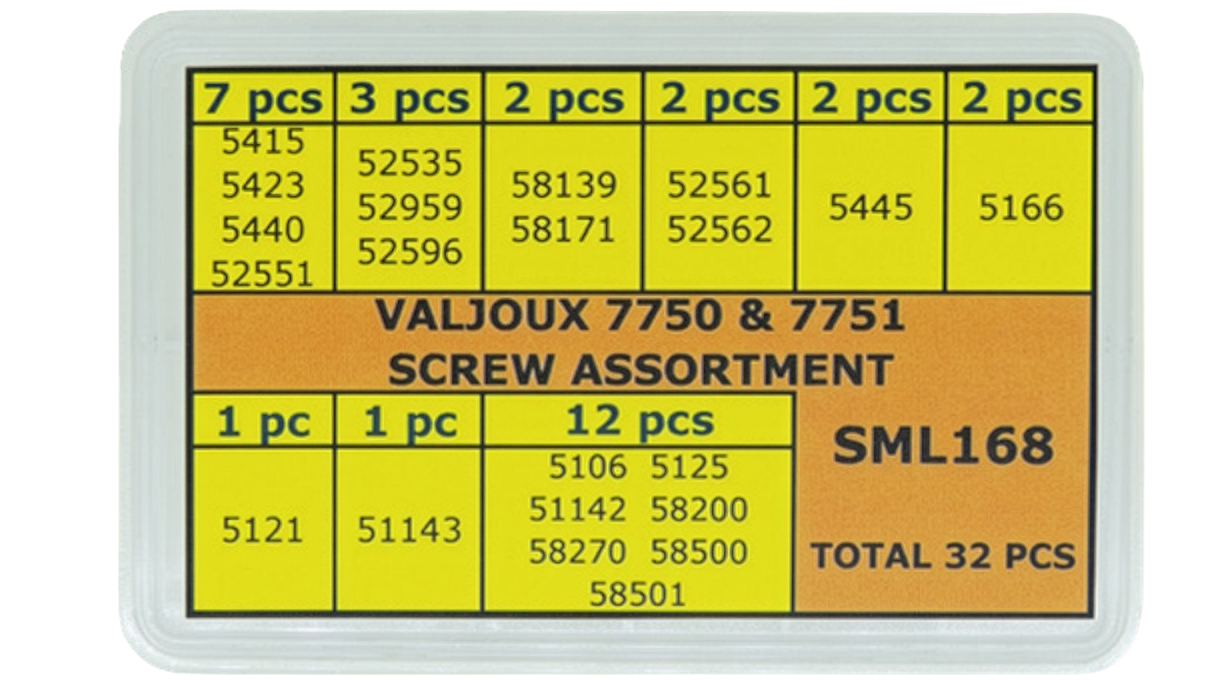 Set of screws for the ETA/Valjoux 7750 and 7751 chronograph calibers for various movement positions, 32
screws
