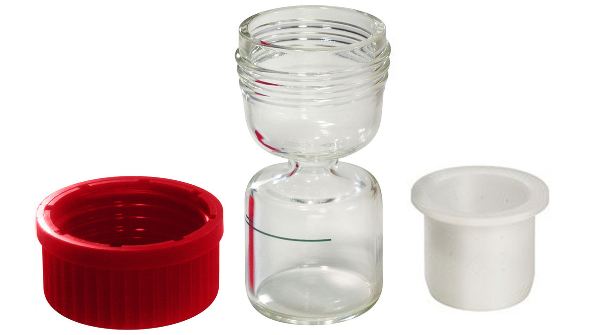 Bergeon 7066 epilame glass bottle, with basket