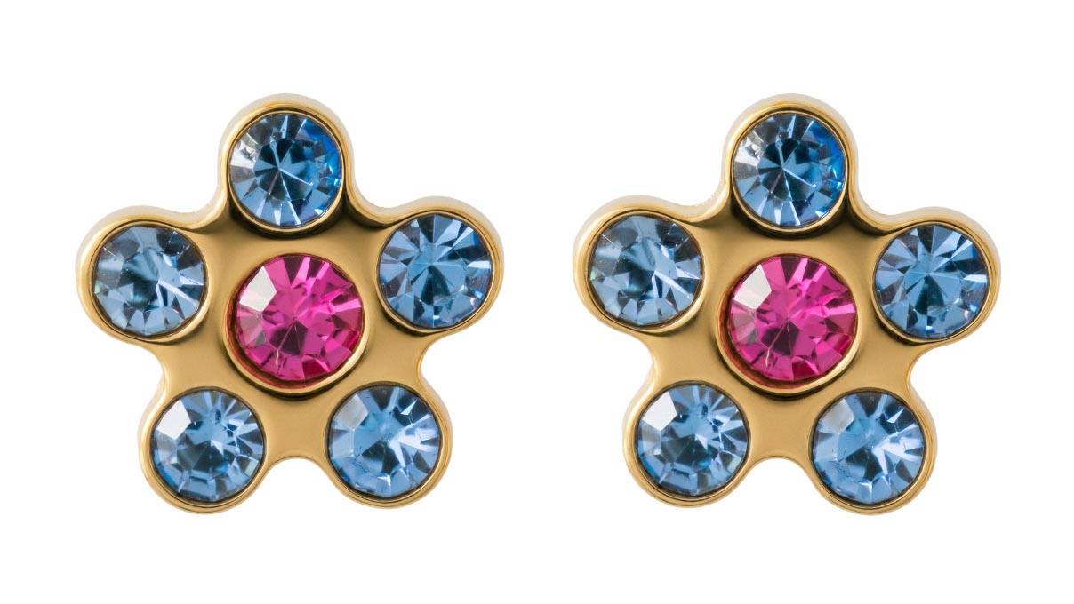 QPP puces d'oreilles K26, fleur, cristal multicolore, inox plaqué or jaune, 1 paire