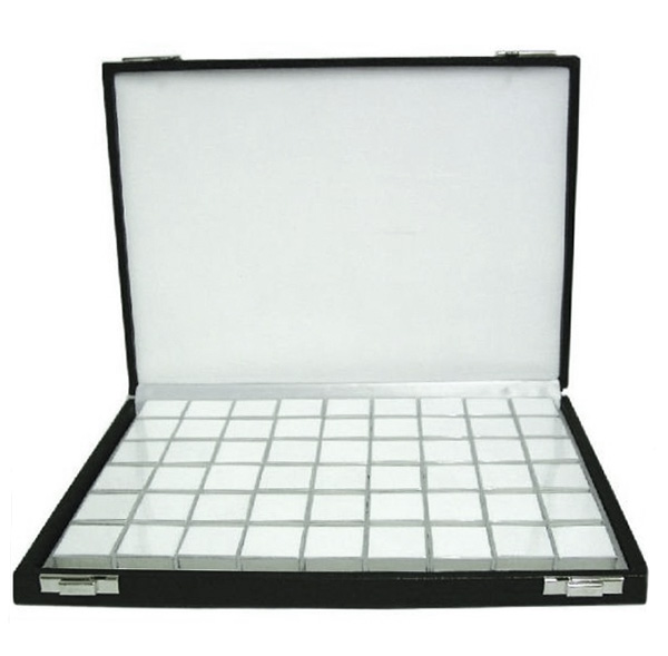 Edelstein-Etui mit 54 Dosen, 280 x 205 x 30 mm, schwarzer Bezug aus Kunstleder