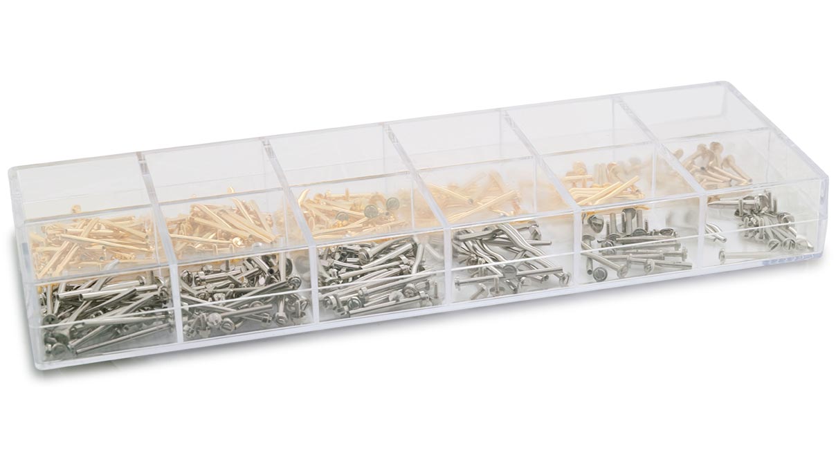 Assortment of 180 T-bars, brass, tube Ø 1,45 mm, yellow and white, 10 x length 10 / 14 / 20 mm, 20 x
length 12 / 16 / 18 mm