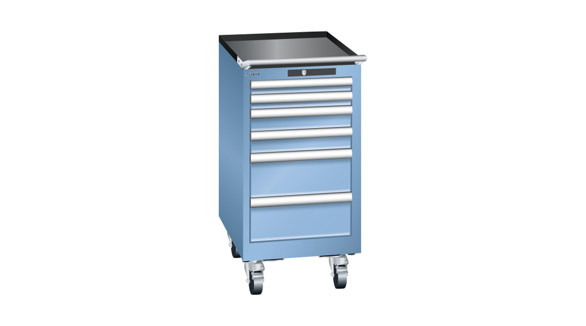Lista drawer cabinet 18 x 27 E with castors, 6 drawers, light blue, Key Lock, height 840 mm