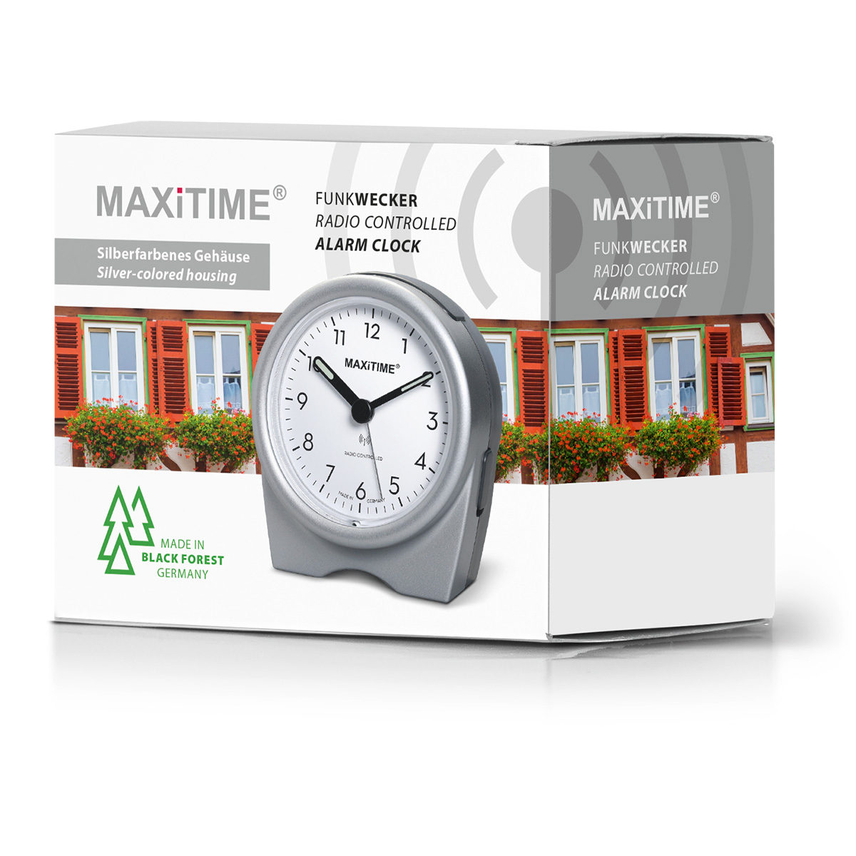 Maxitime radio controlled alarm clock with snooze, crescendo alarm, light, 2 hands, silver colored housing with stand