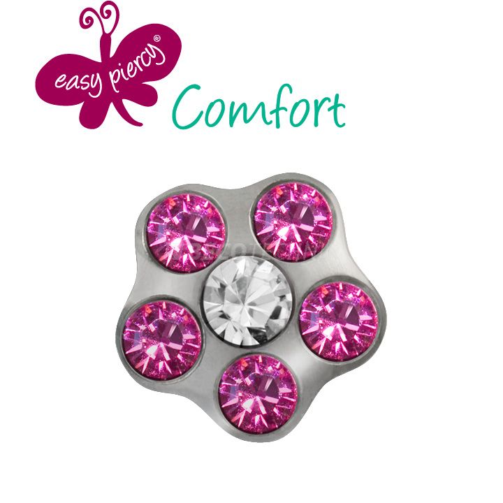 1 Pair Easy Piercy Comfort ear studs Flower Ø 5,0 mm, white, Diamond/Rosé imitation