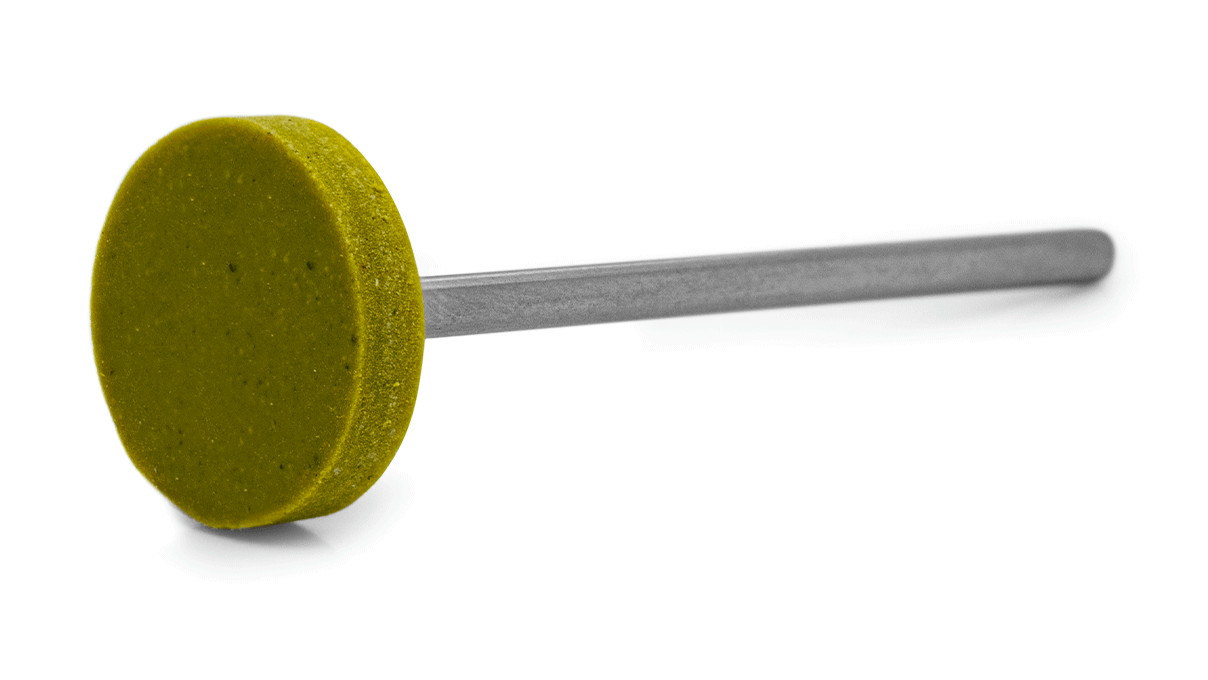 Polierer Pumice, gelbgrün, Rad, Ø 14,5 x 2,5 mm, Korn mittel, HP-Schaft