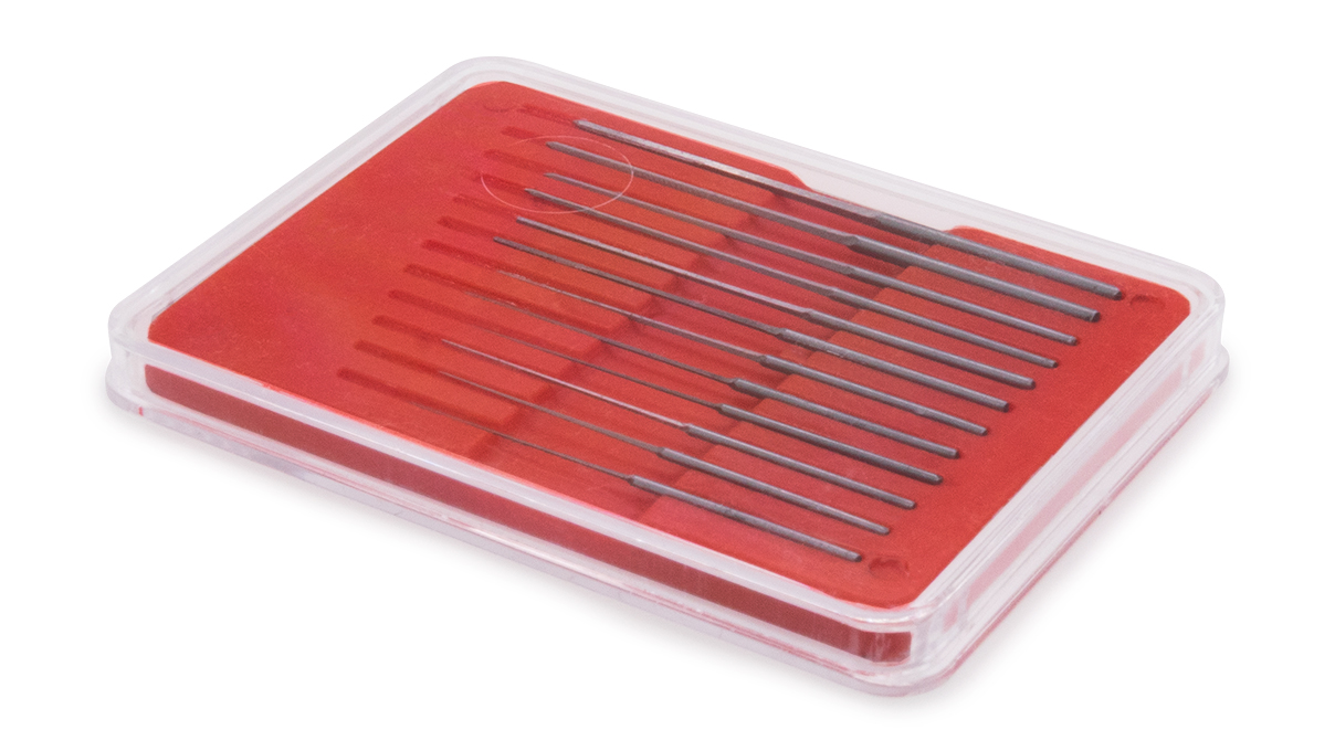 Zapfenreibahlen-Set mit Angel, 12-teilig, Ø 0,05 – 0,55 mm