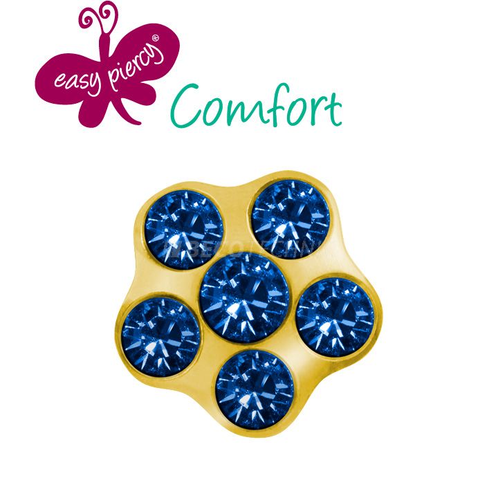 1 Pair Easy Piercy Comfort ear studs Flower Ø 5,0 mm, gold plated, Sapphire/Sapphire  imitation