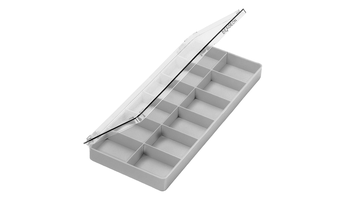 Bergeon 6089-12 plastic box, 206 x 106 x 21 mm, gray with transparent hinged lid, 12 compartments