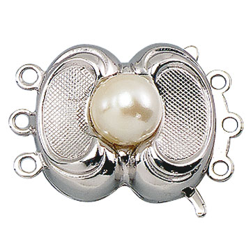 Clasp, 925/- silver rhodium plated, 1 pearl, 3-rows, 14 x 16 mm