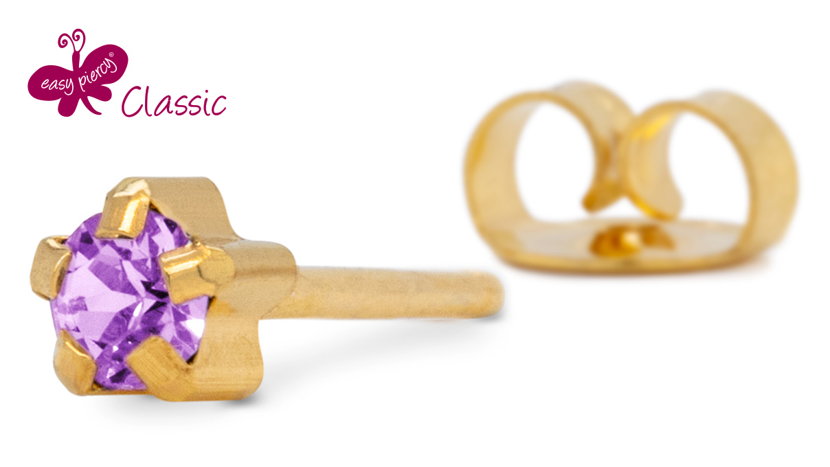 1 pair ear studs Easy Piercy Classic, gold plated, clawset, Amethyst imitation