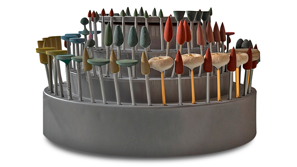 Assortment of mini polishers and grinders, HP shank Ø 2,35 mm, 114 pieces on a rotating base