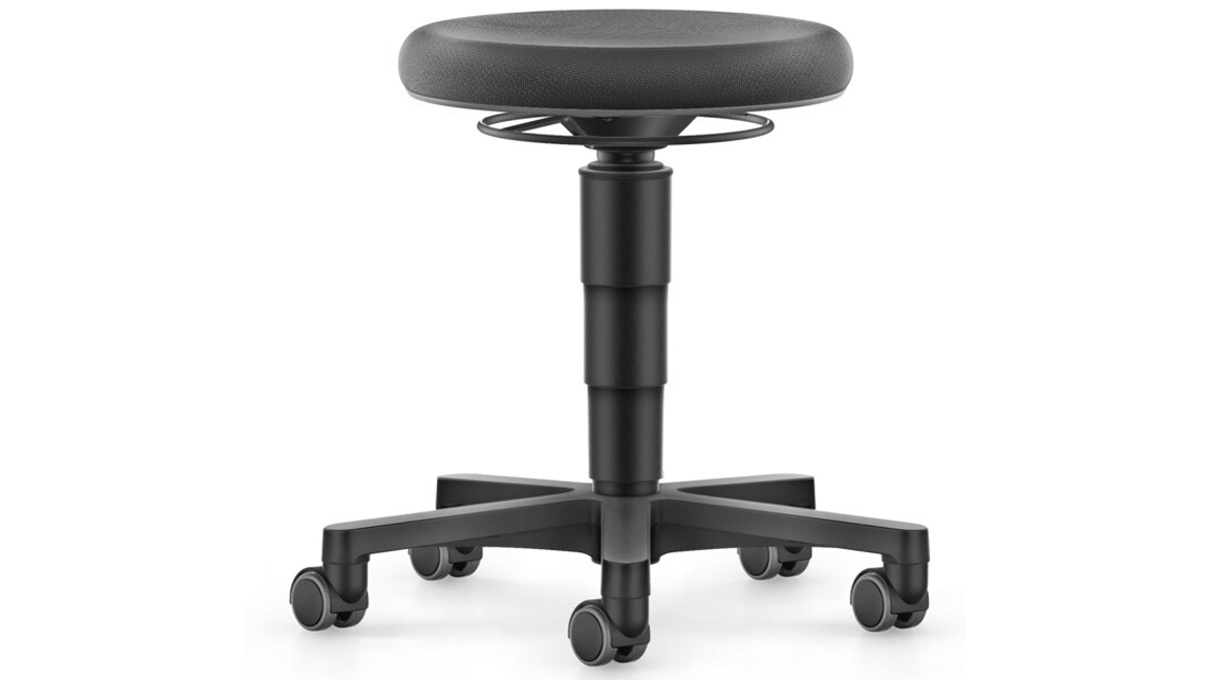 Bimos Stool 9463, seat height 45 - 65 cm, comfort upholstery Supertec black, black frame, plastic base,
soft castors for hard floors