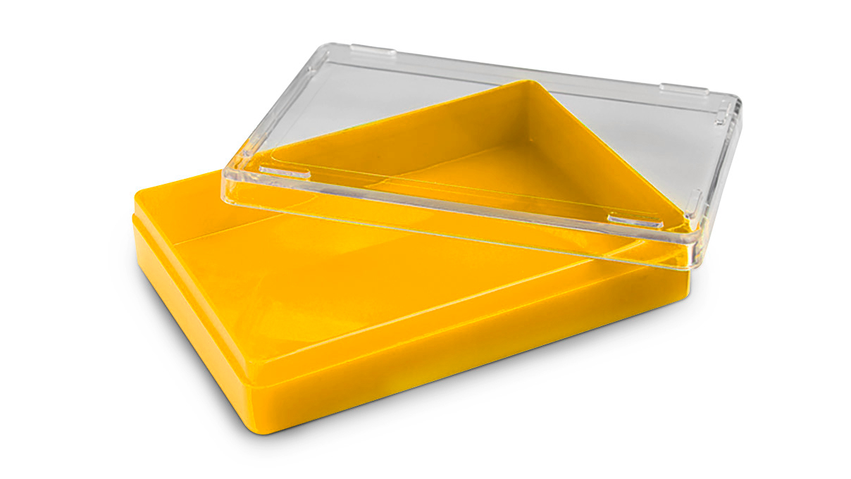 Kunststoffdose mit Deckel, gelb, 17 x 90 x 64 mm