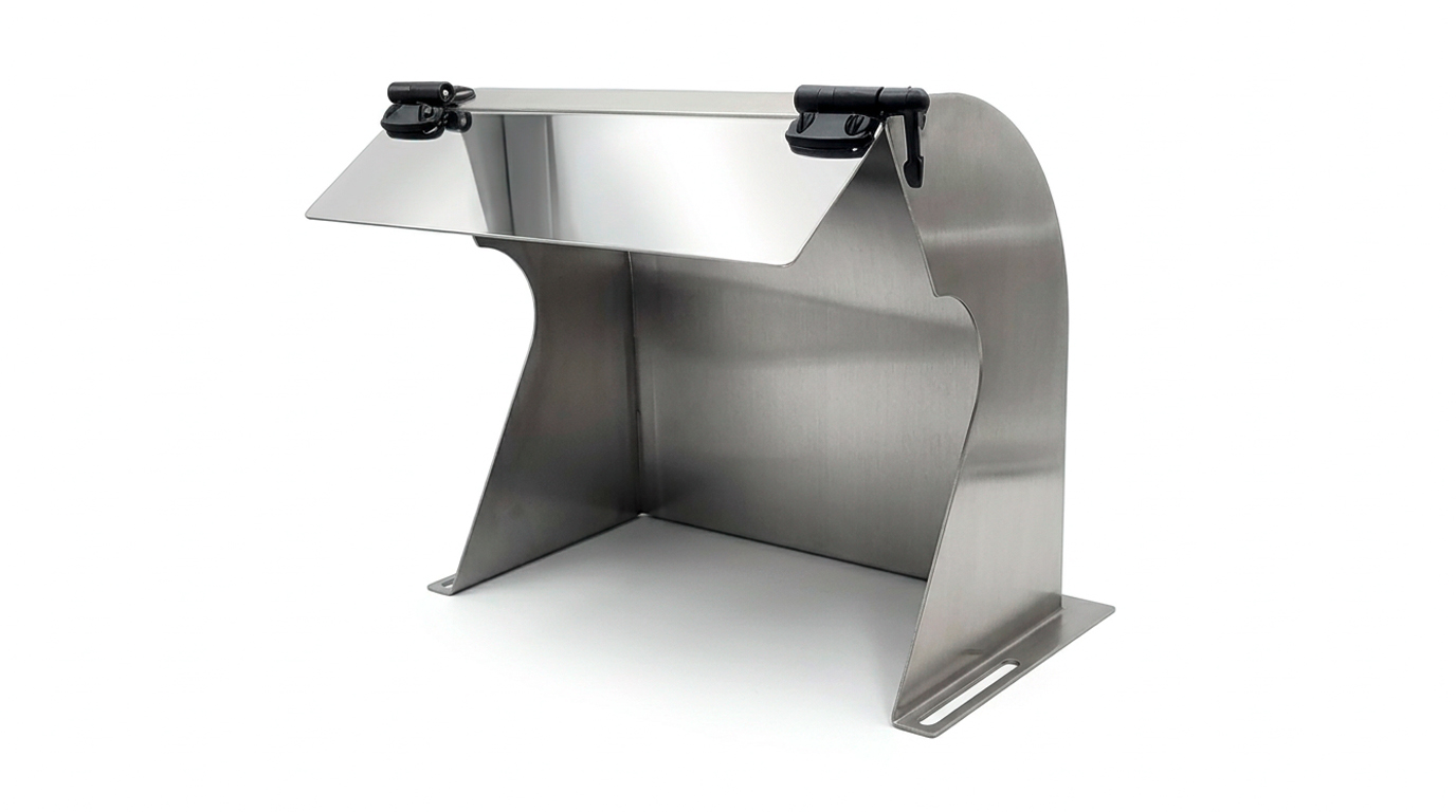 Polishing protective hood for Micromecalp XPRO machines, maximum equipment with Ø 250 mm
polishing wheels, stainless steel