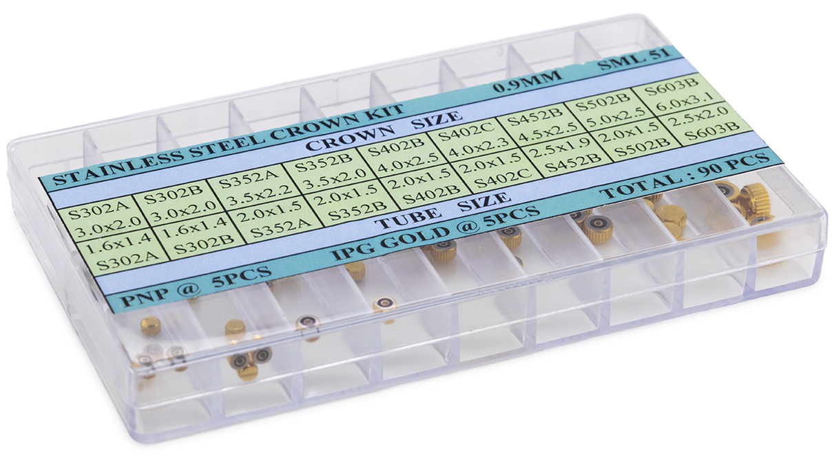 Assortiment 24 WD-kronen roestvrij PNP & geel GP GW 0,9 mm