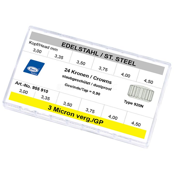 Assortment crowns 920 N, Ø 3 - 4,5 mm, white / 3 µm yellow, thread 0,9 mm, dustproof, 24 pieces