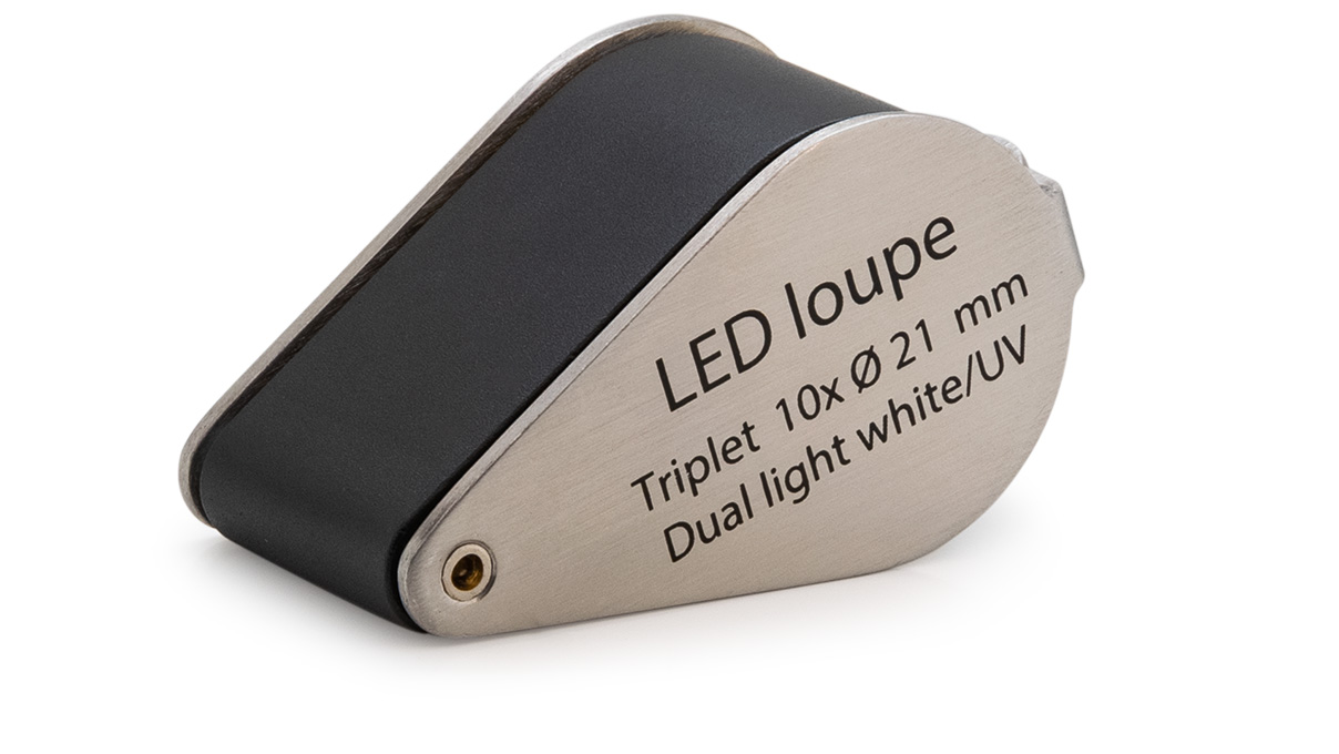 Triplet diamond loupe, 10x magnification, lens Ø 21 mm, with LED and UV light