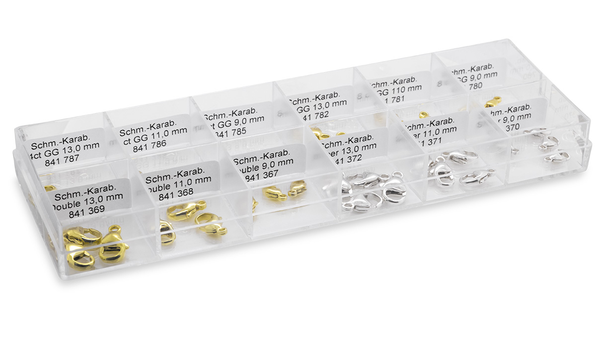 Assortment of lobster clasps, lengths 13, 11, and 9 mm, 1 each of 14 ct, 2 each of 8 ct, 3 each gold-plated,
4 each silver, 30 pieces total