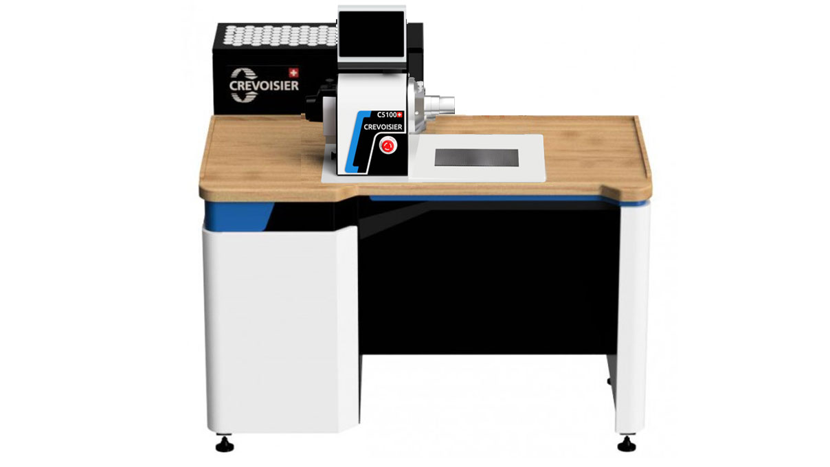 Crevoisier C5100 (M8) with DSG-Short worktable, incl. bezel, incl. suction unit, table top with natural
wood-laminate coating, power supply below (400 V)