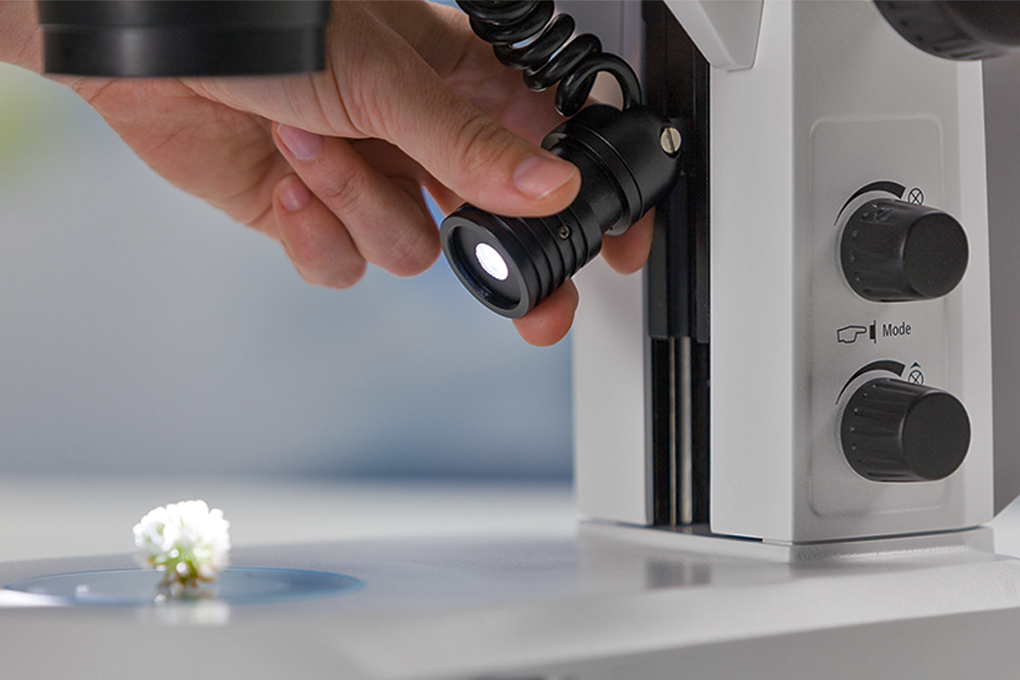 Spot-Leuchte K LED, Einzel-Spot für Hell- und Dunkelfeld-Auflichtbeleuchtung, Gewinde M24x0,5 für
Polarisator, höhenverstellbar, neigbar, zoombar, für Stative K EDU & K MAT