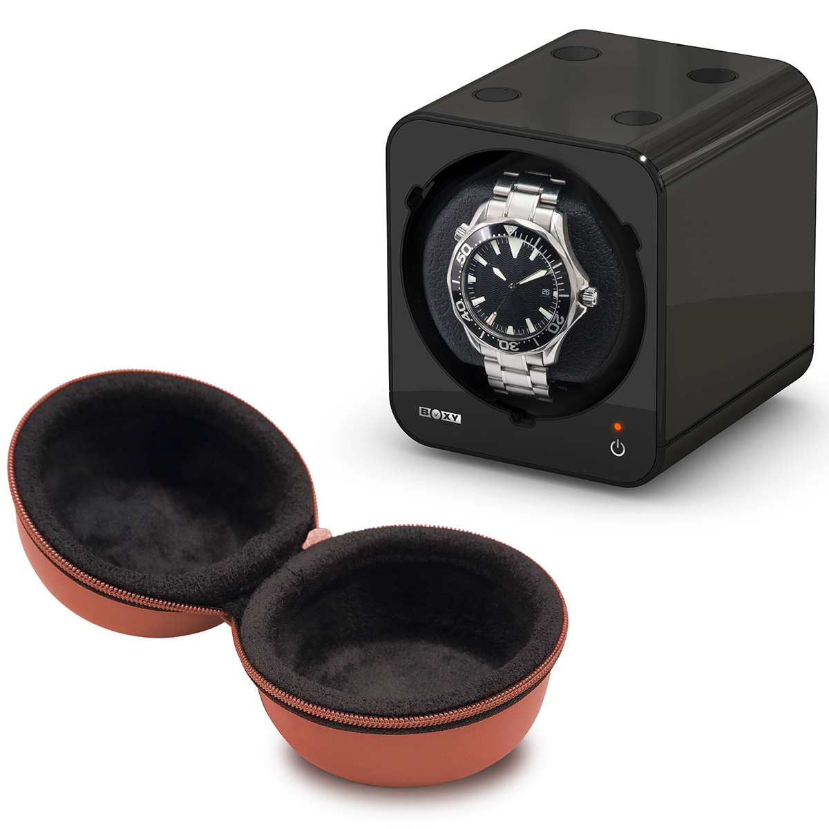 Boxy Watch Box, Uhrenetui, Ledernachbildung, braun, rund