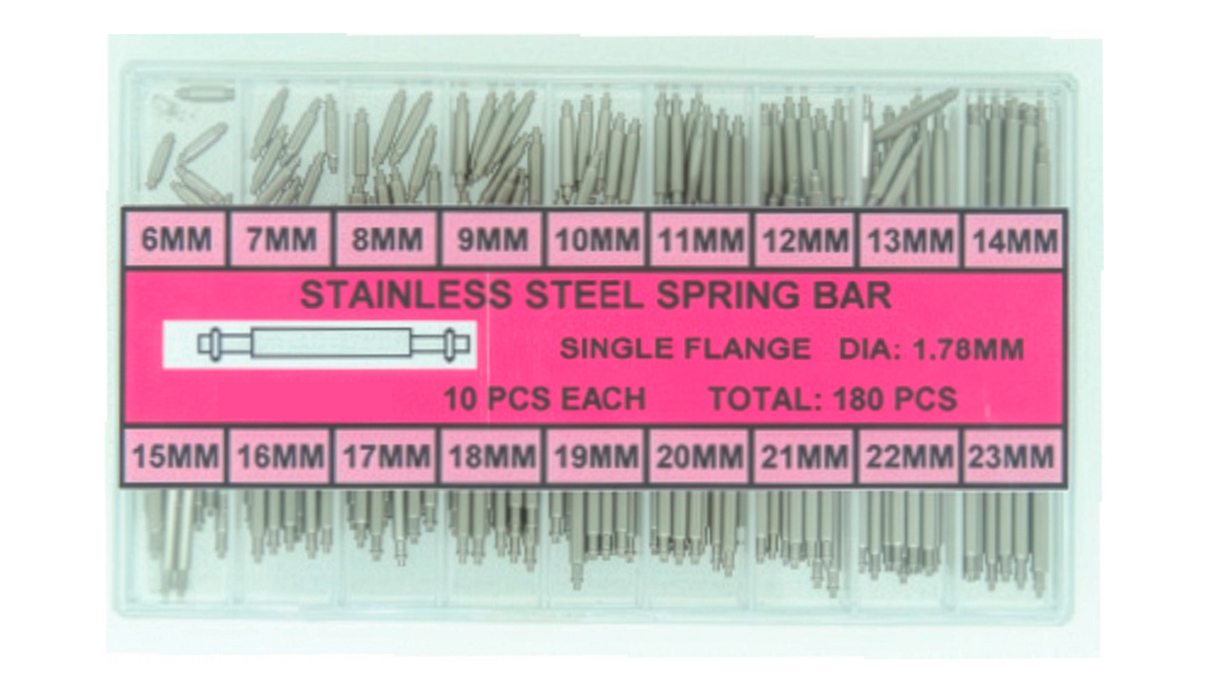 Assortment of 180 spring bars, with flange, stainless steel, white, Ø 1,78 mm, 10 x length 6 to 23 mm