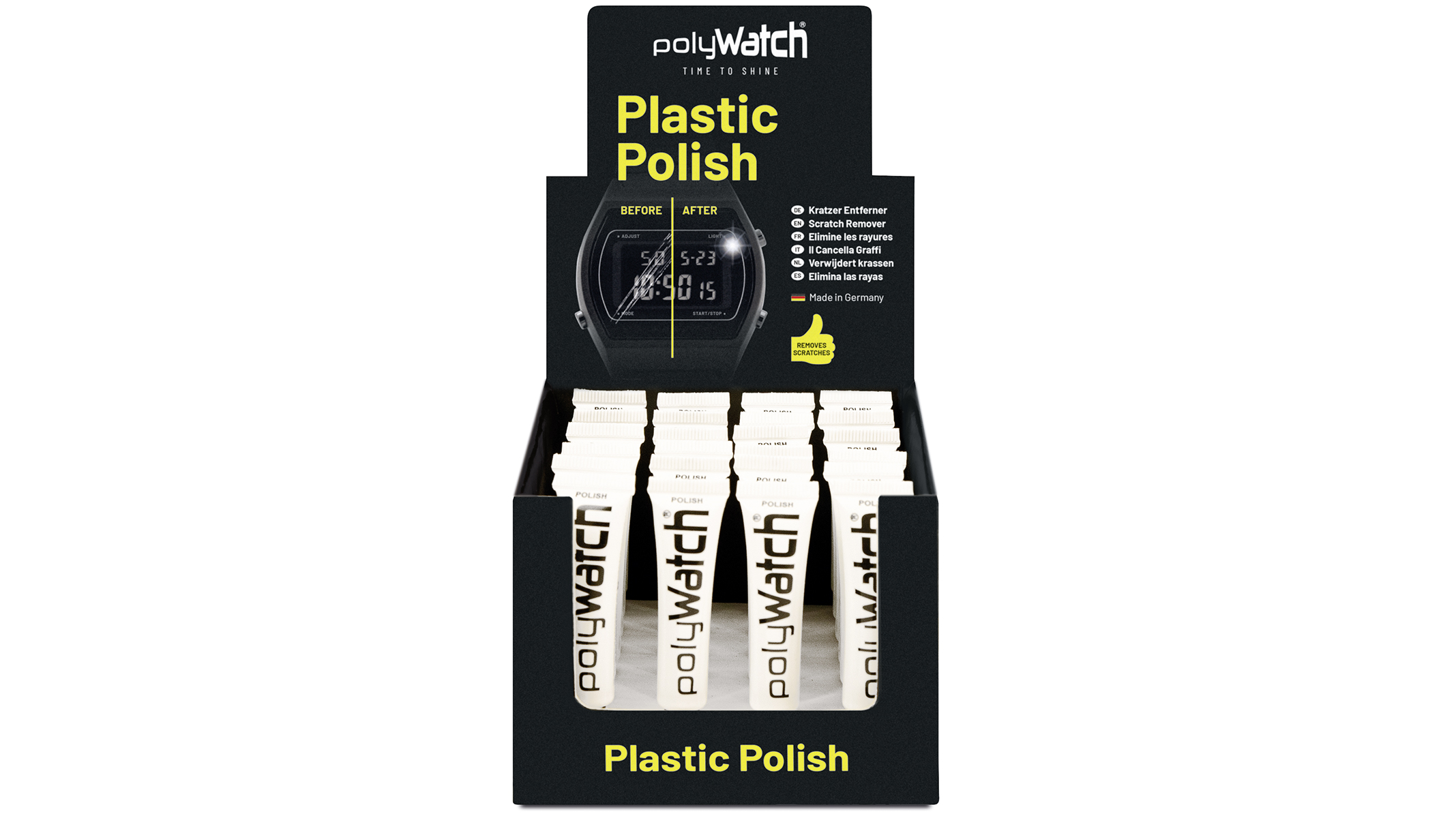 polyWatch Plastic Polish verkoopdisplay, polijstpasta voor horlogeglas