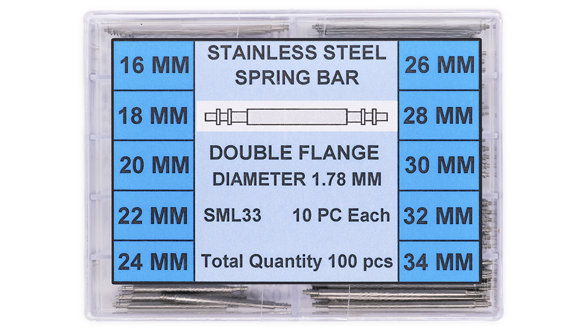 Assortiment van 100 roestvrijstalen veerstiften met dubbele kraag, Ø 1,78 mm, 10 x lengte 16 / 18 / 20 / 22
/ 24 / 26 / 28 / 30 / 32 / 34 mm
