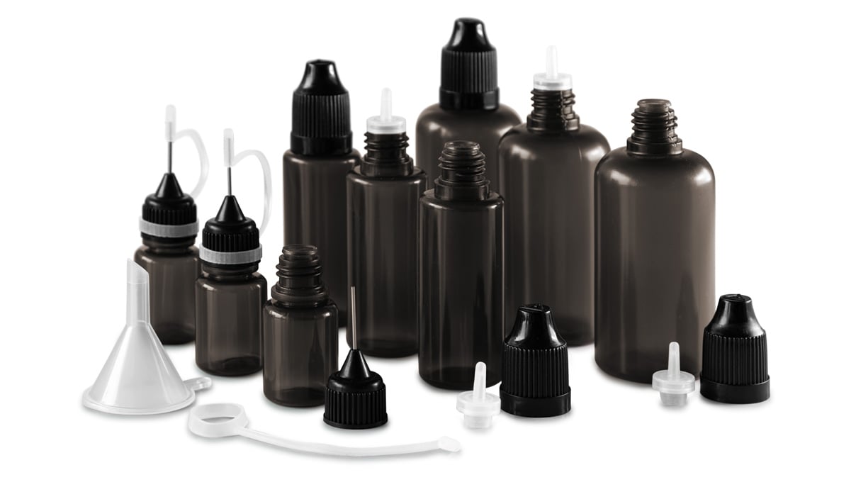 Set mit 9 Flaschen, 5 - 50 ml, schwarz, mit Deckel, Dosierhilfen und Trichter
