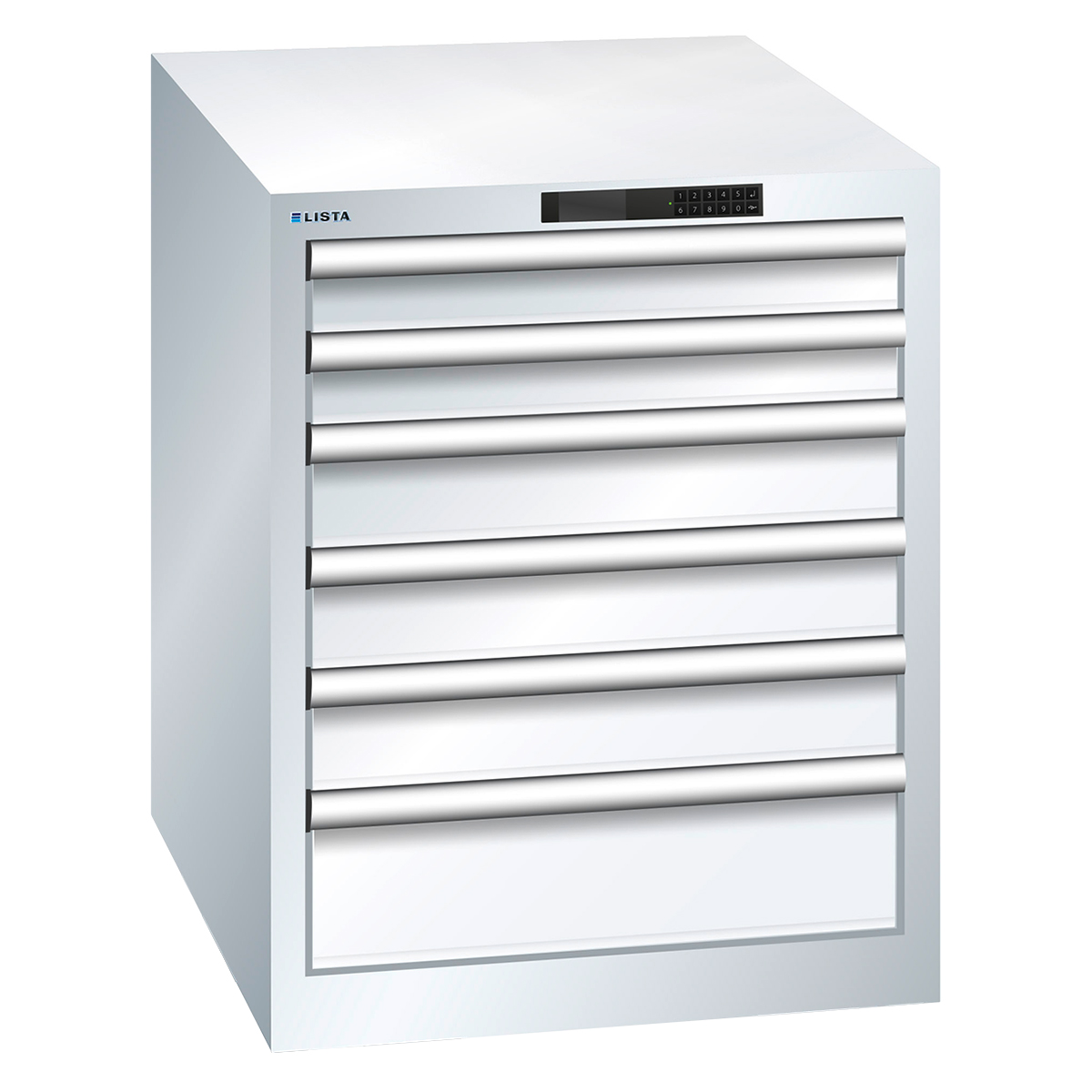 Lista drawer cabinet 27 x 27 E, 9 drawers, pure white, Key Lock, height 850 mm