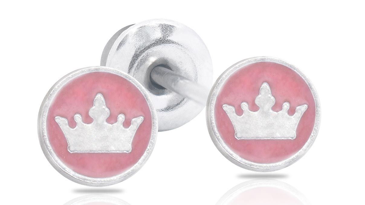 QPP Ear studs JCM10, crown, pink enamel, Disney-licensed, white, 1 pair