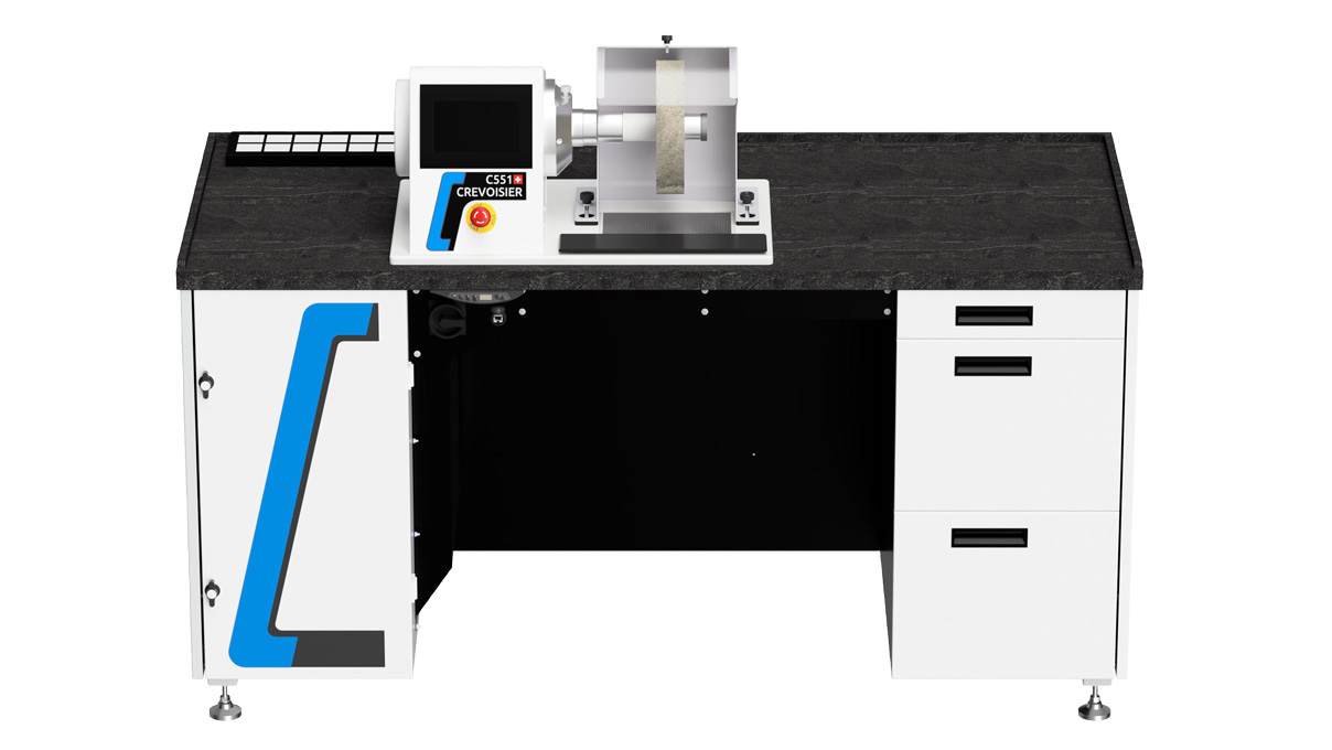 Crevoisier C551 (M12) with S-Line Confort worktable, without a bezel, incl. suction unit, table top with
slate-colored, power supply below (400 V)