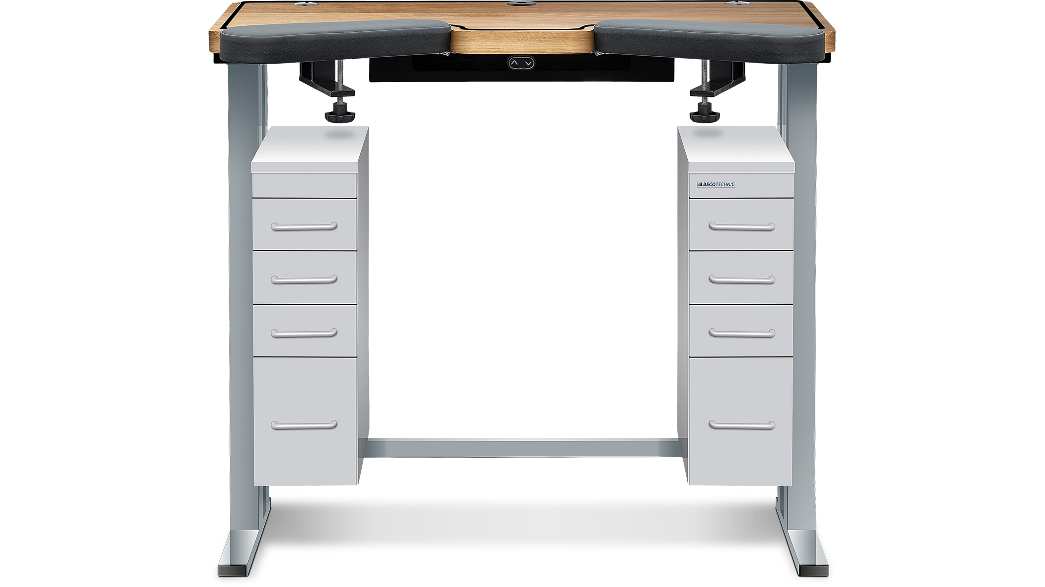 Workbench Ergolift Evolution, bench top oak, 100 x 60 x 4 cm, drawers silk gray