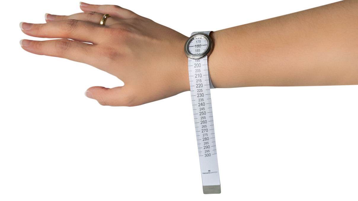 Messarmband zum realistischen Simulieren einer Armbanduhr am Handgelenk durch ein integriertes
Edelstahlgehäuse