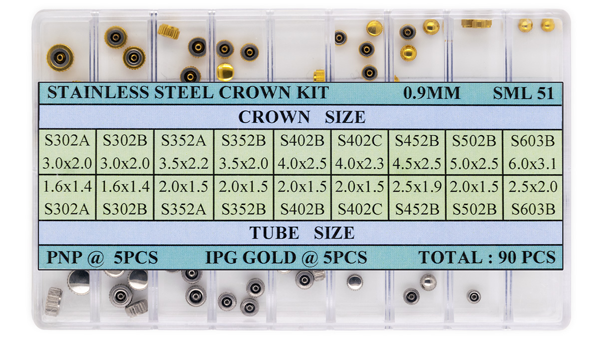 Assortiment 24 WD-kronen roestvrij PNP & geel GP GW 0,9 mm