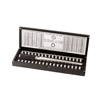 Duo set of ring gauge 7 mm thick with ring stick made of metal in wooden box, gauge index:  1-36, 41-76