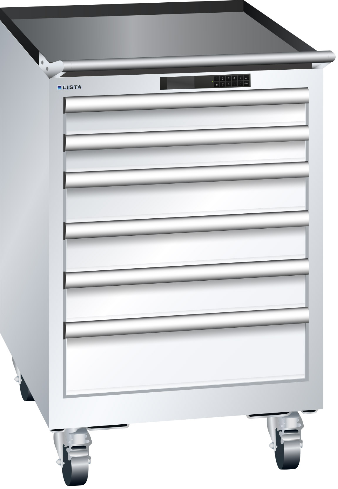 Lista drawer cabinet 27 x 27 E with castors, 6 drawers, pure white, Code Lock, height 890 mm