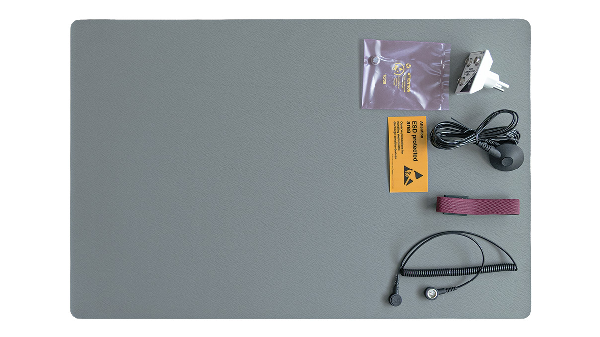 Kit de puesto de trabajo ESD, 400 × 600 mm, gris, sistema de puesta a tierra con enchufe de red T12