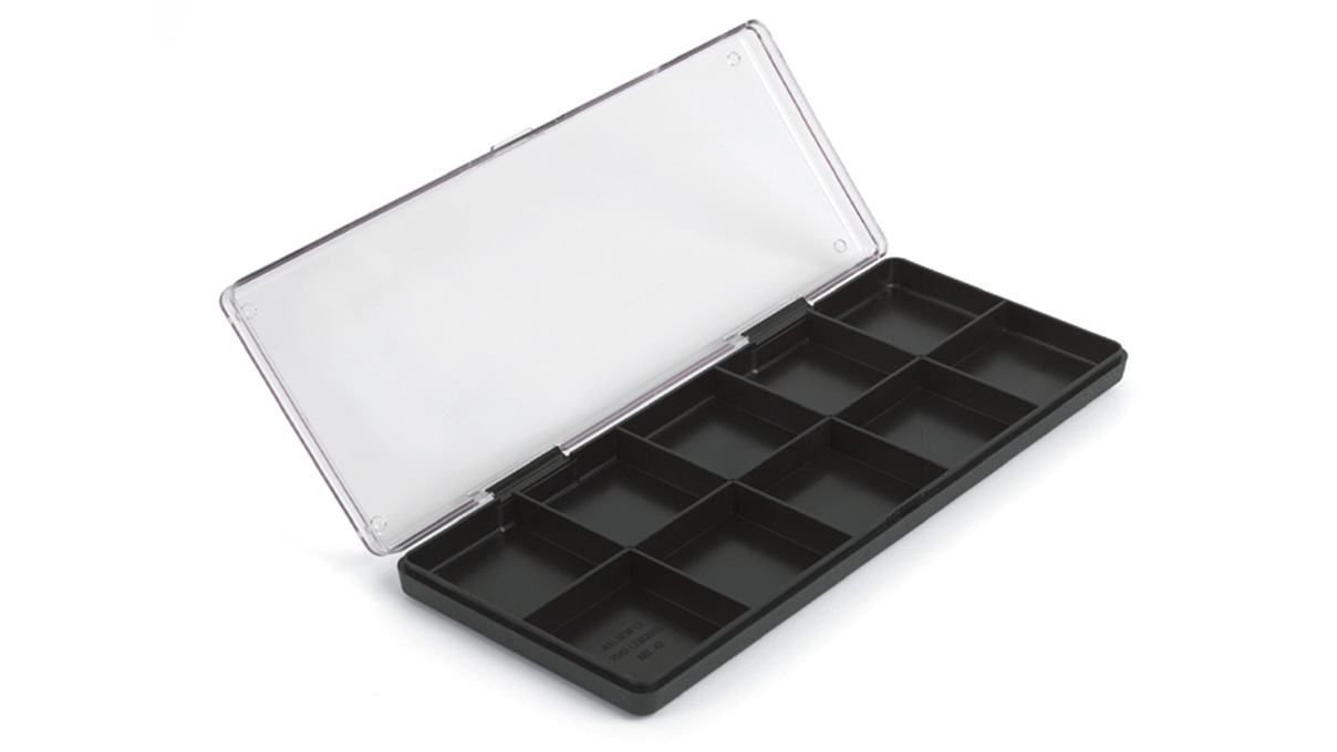 Sortimentsbox, 10 Fächer, schwarz mit transparentem Deckel, 260 x 105 x 25 mm