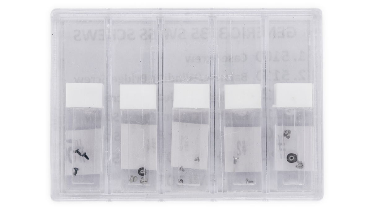 Assortiment de vis de mouvement, compatibles avec le calibre 3135, comprenant les types de vis 5100,
5110, 5115, 5210 et 5600, par 3 pièces de chaque