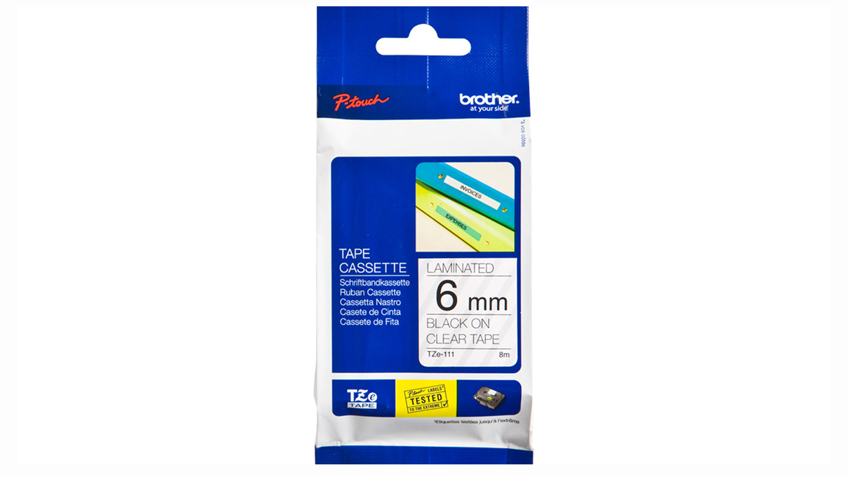 P-Touch TZe-111, schrijfband, zwart op transparant, 6 mm