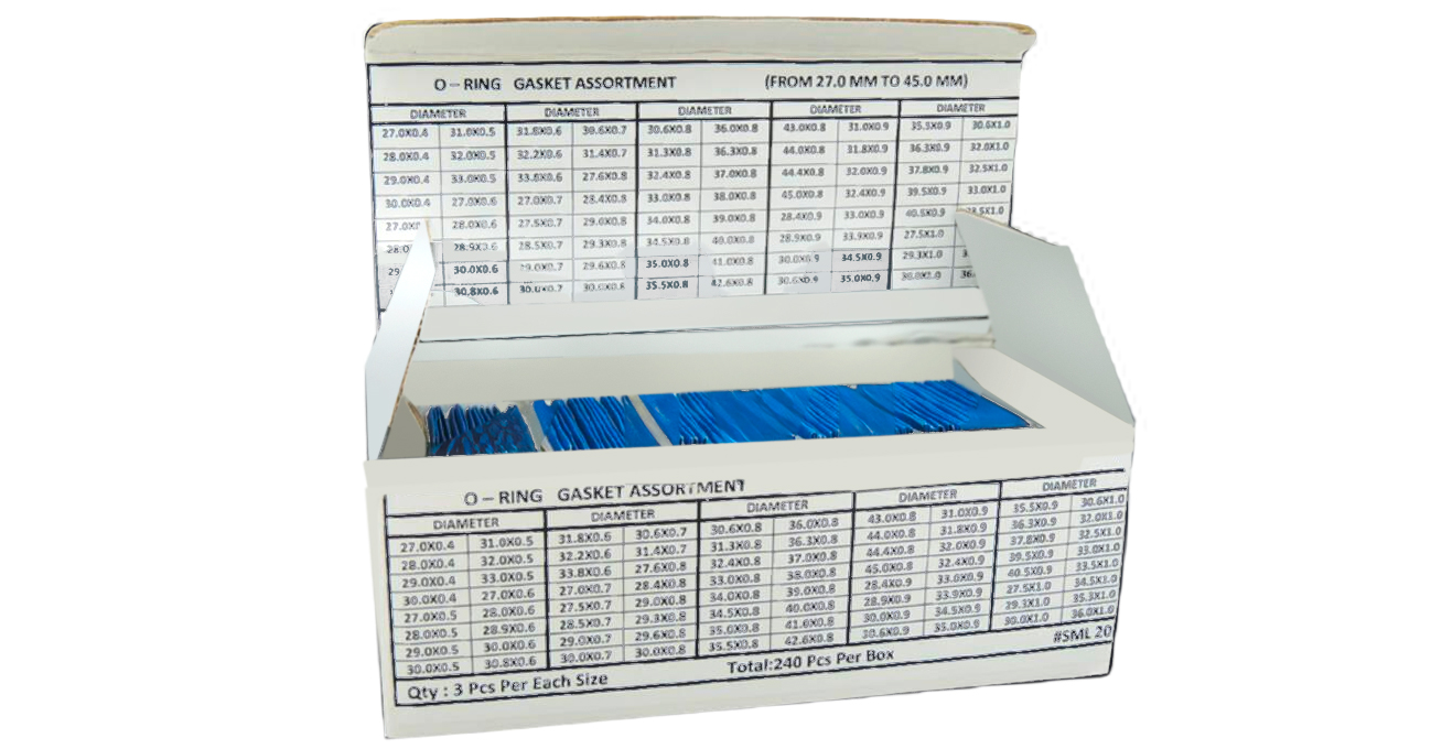Assortiment de 240 O-Ring joints, 80  dimensions différentes, 3 pièces chacune (Ø 35 - 45,5 mm, 0,6 / 0,7 /
0,9 / 1 mm)