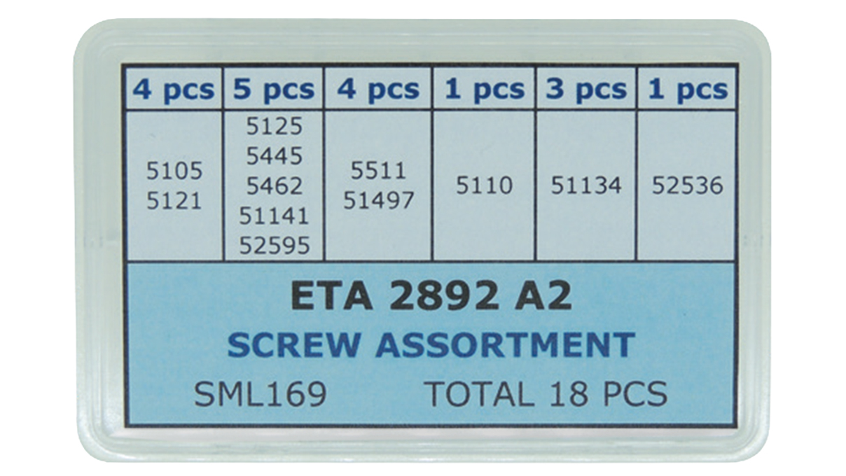 Screw set for the ETA 2892-A2 caliber, 18 screws for ETA positions 5105, 5121, 5125, 5445, 5462, 51141,
52595, 5511, 51497, 5110, 51134, and 52536
